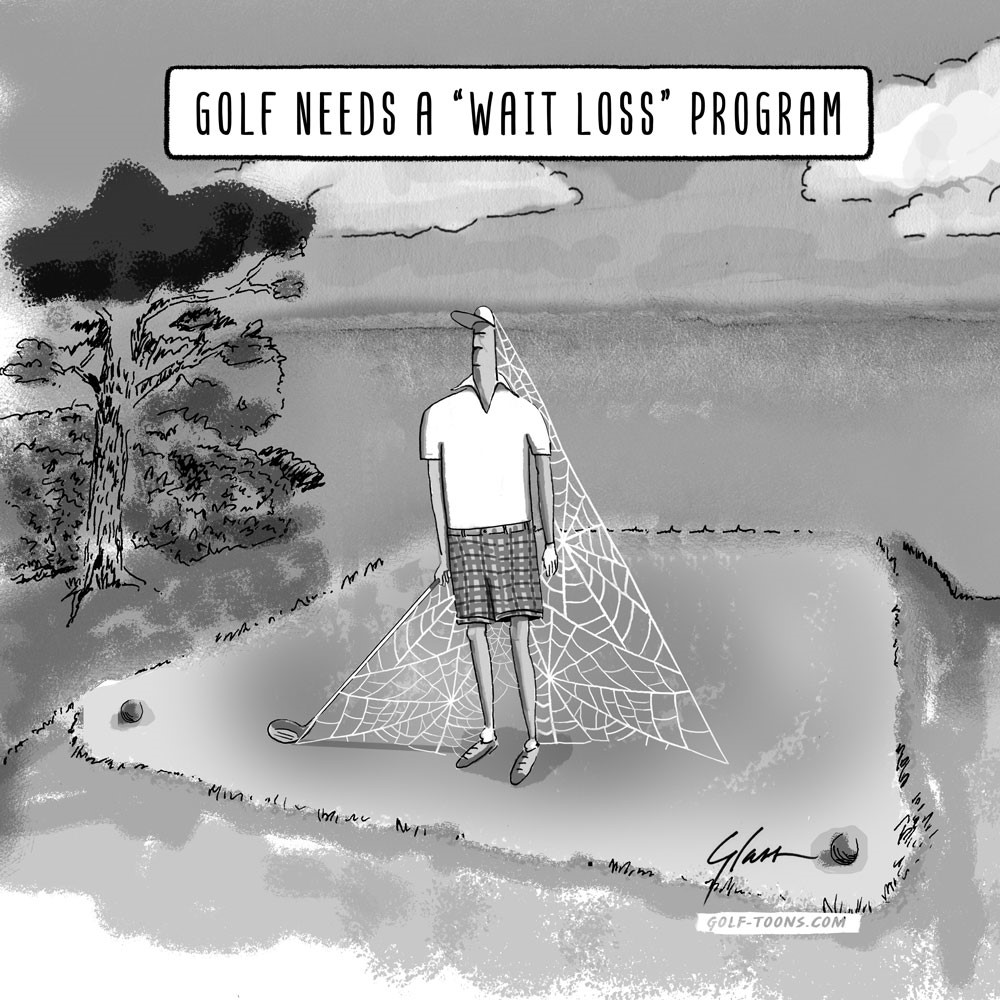 Wait Loss is a golfer on the tee box has cob webs growing on him because he is waiting, slow play is a problem in golf. An original illustration by Marty Glass of GolfToons