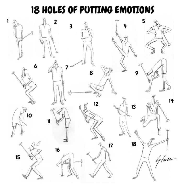 a collection of 18 original illustrations by Marty Glass of GolfToons showing 18 different putting emotions