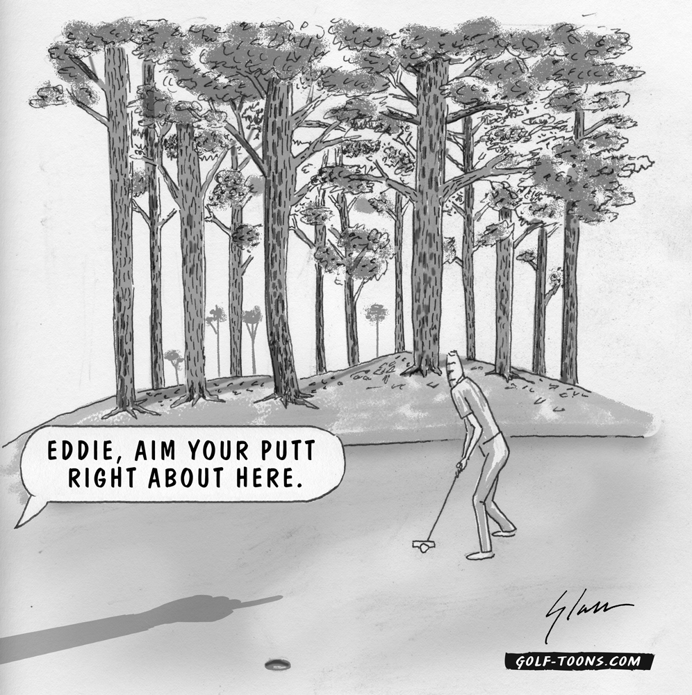 a golfer putting with a shadow of a hand showing him the break, an original golf cartoon by Marty Glass of GolfToons