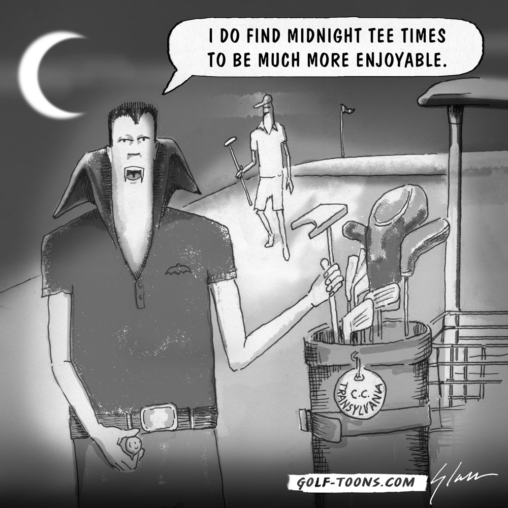 Interview with a Vampire Golfer is an original golf cartoon illustration by Marty Glass of GolfToons shows a vampire, maybe dracula golfing at night
