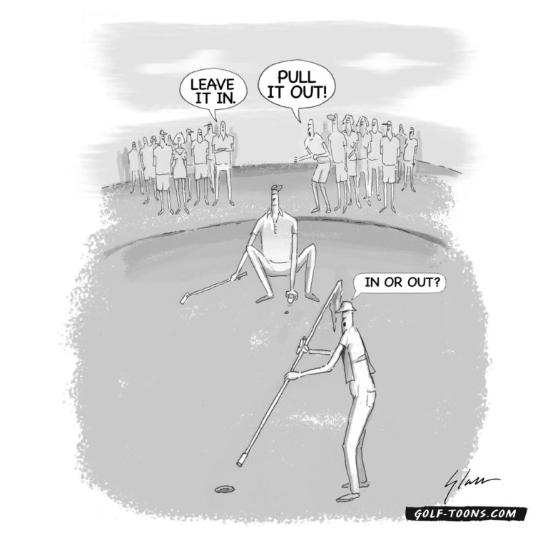 In or Out? is an original golf cartoon by Marty Glass of GolfToons addressing the new USGA Golf Rule about the flagstick