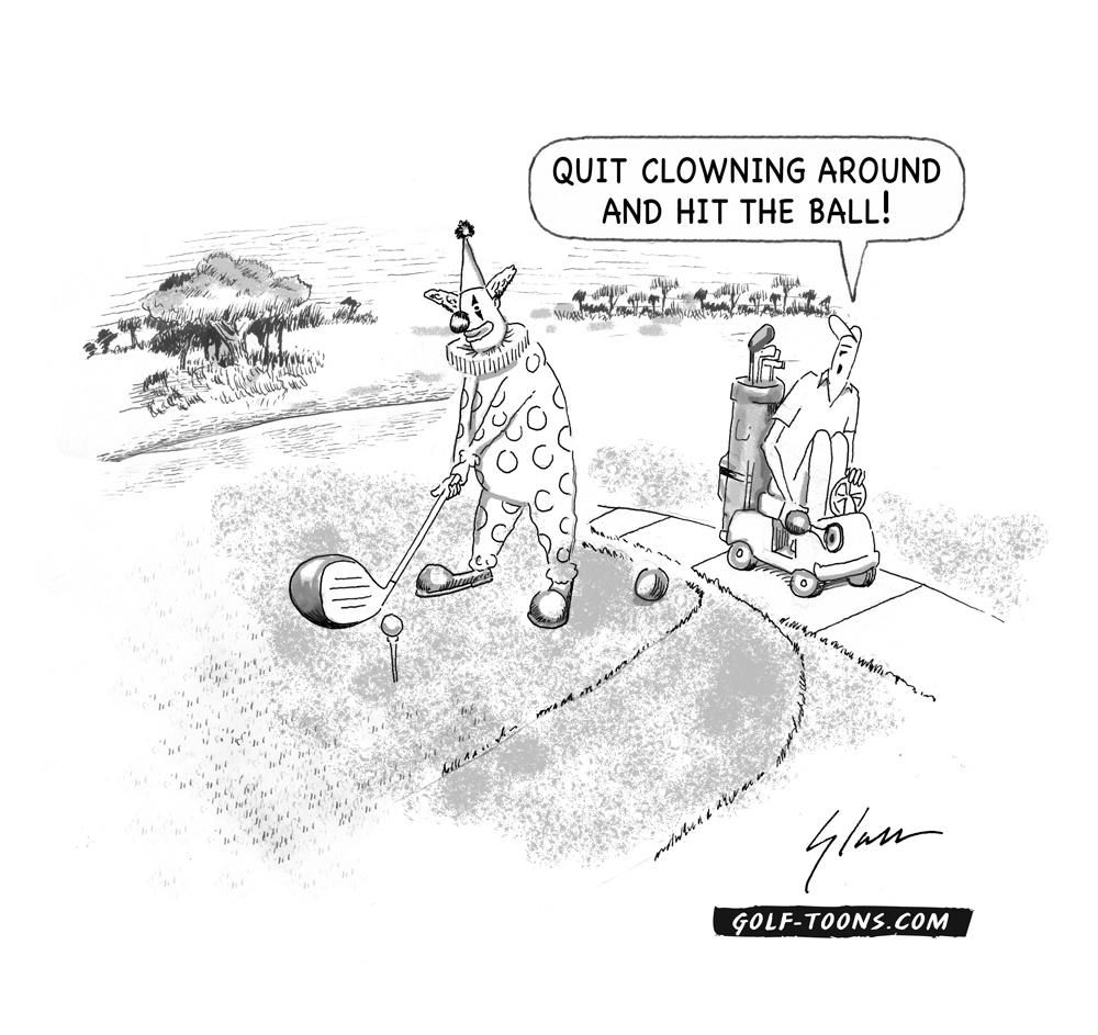 Clowns on the Course shows a clown teeing off and his golf buddy in a tiny golf cart, an original golf cartoon by Marty Glass of GolfToons.