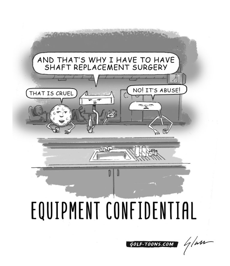 Equipment Confidential is a 19th hole bar showing what it would look like if our golf equipment could talk about our golf game, an original golf cartoon by Marty Glass of GolfToons