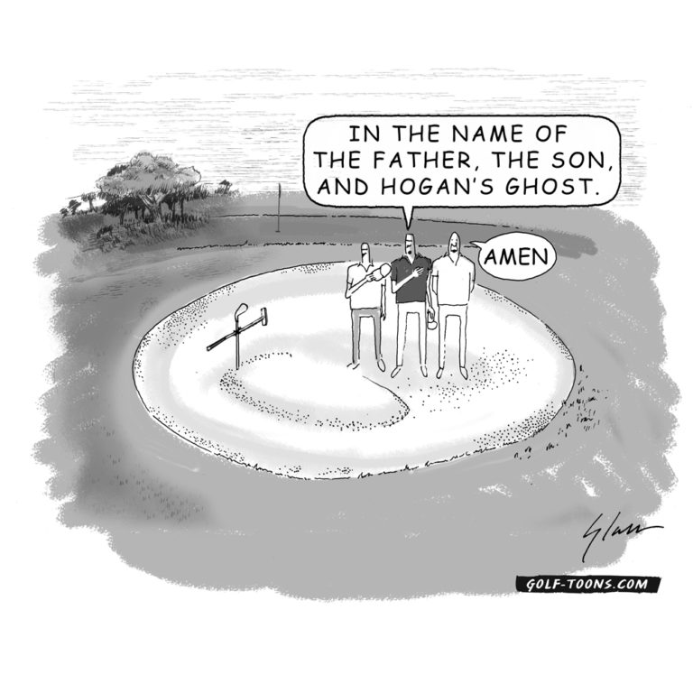Three golfers burying someone on what looks like a putting green, with the memorial words in the name of the father, the son and Hogan's Ghost illustrated by Marty Glass of GolfToons.
