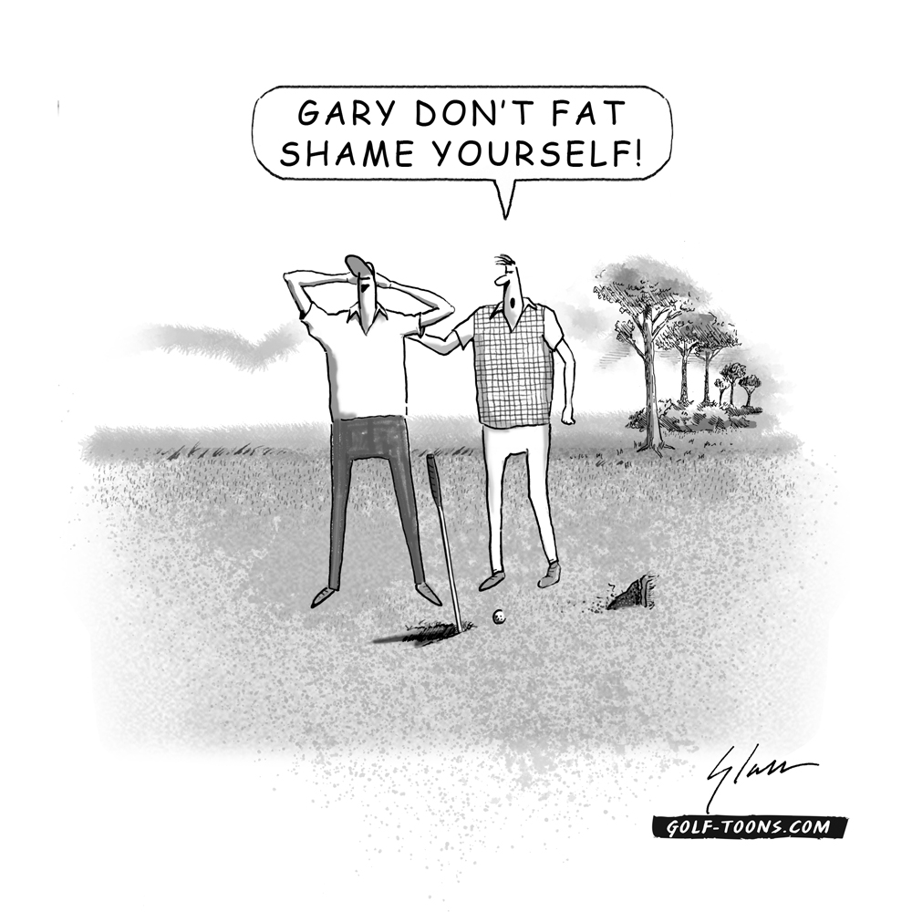 Fat Shot is an original Golf Cartoon by Marty Glass of GolfToons showing a golfer with a huge divot in front of him due to a Fat Shot, golf's funniest shot to watch.