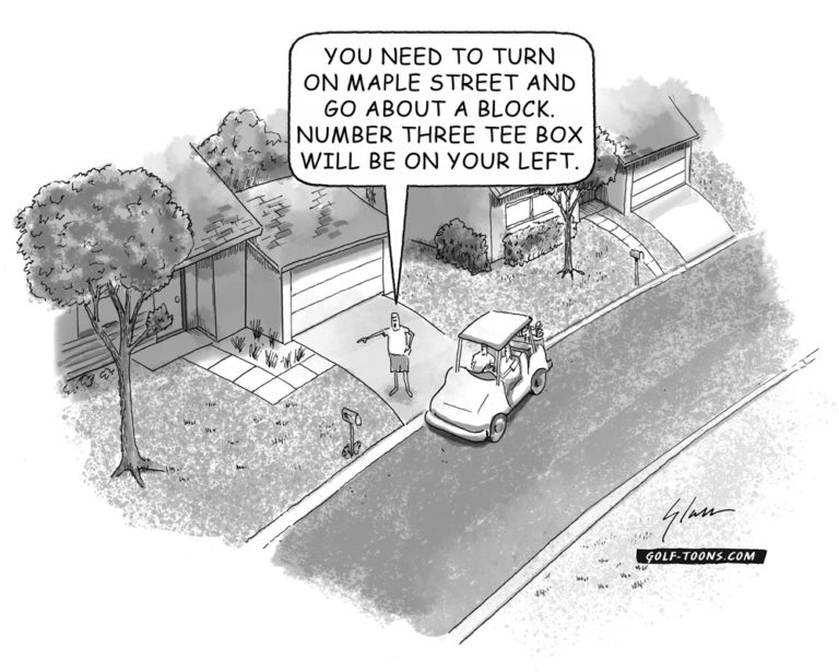 Lost Between Holes shows a golf cart stops in front of a house to ask directions to the next hole, an original golf cartoon by Marty Glass of GolfToons