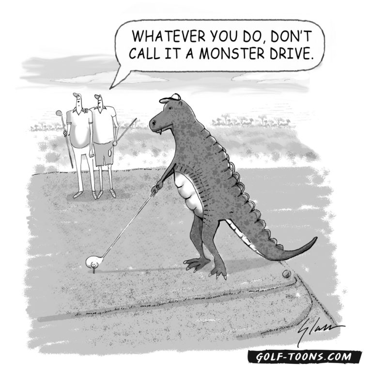 Monster Drive shows a fictional creature on the tee box about to hit a drive and two golf buddies behind, an original golf cartoon by Marty Glass of GolfToons