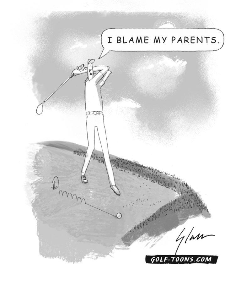 A golfer on a tee box nearly whiffing his stroke and his excuse is to blame his parents, an original golf cartoon by Marty Glass of GolfToons.