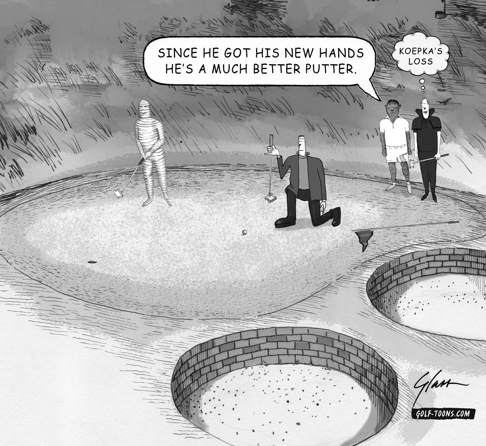 Koepkas Loss is an original golf cartoon by Marty Glass of GolfToons showing dracula, a mummy and frankenstein on the putting green