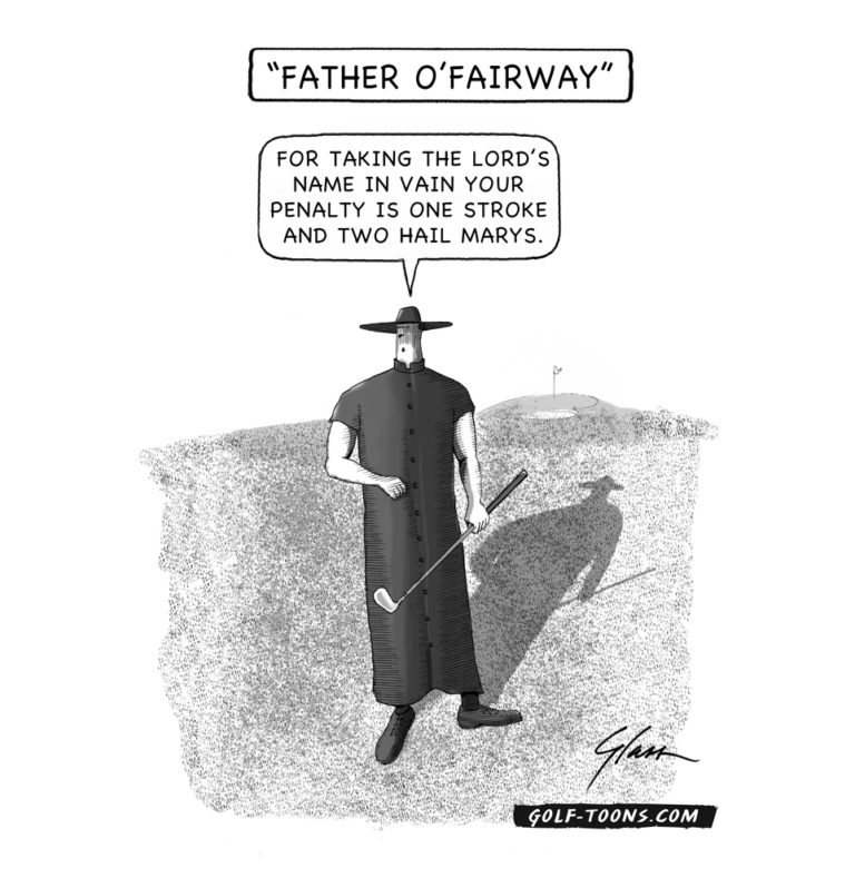 Father O'Fairway is introduced in this original golf cartoon by Marty Glass of GolfToons