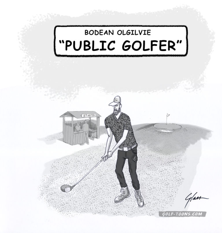 Bodean Ogilvie Public Golfer is introduced in this original golf cartoon by Marty Glass of GolfToons