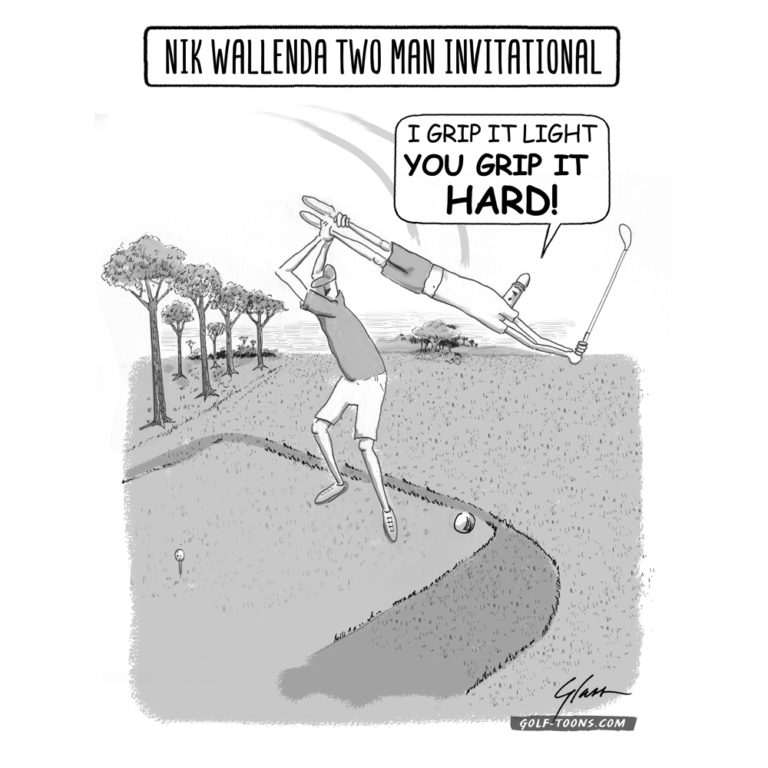 a golfer holding another golfer by the legs swinging him in tandem with the headline, Nik Wallenda Two-Man Invitational, an original golf cartoon by Marty Glass of GolfToons