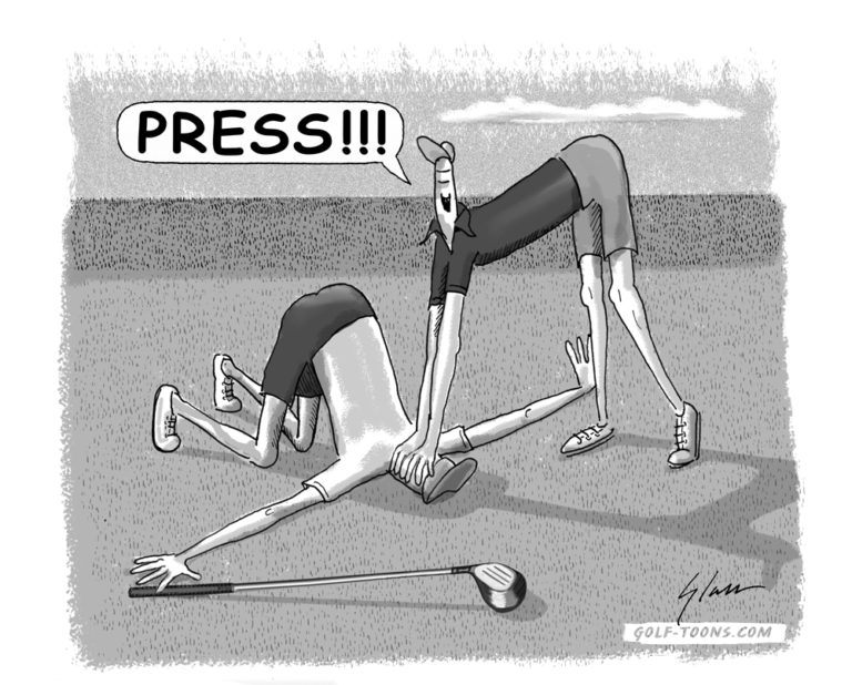 Golf Press shows a golfer on the tee box pressing anogther golfer's head into the ground with the caption PRESS, an original golf cartoon by Marty Glass of GolfToons