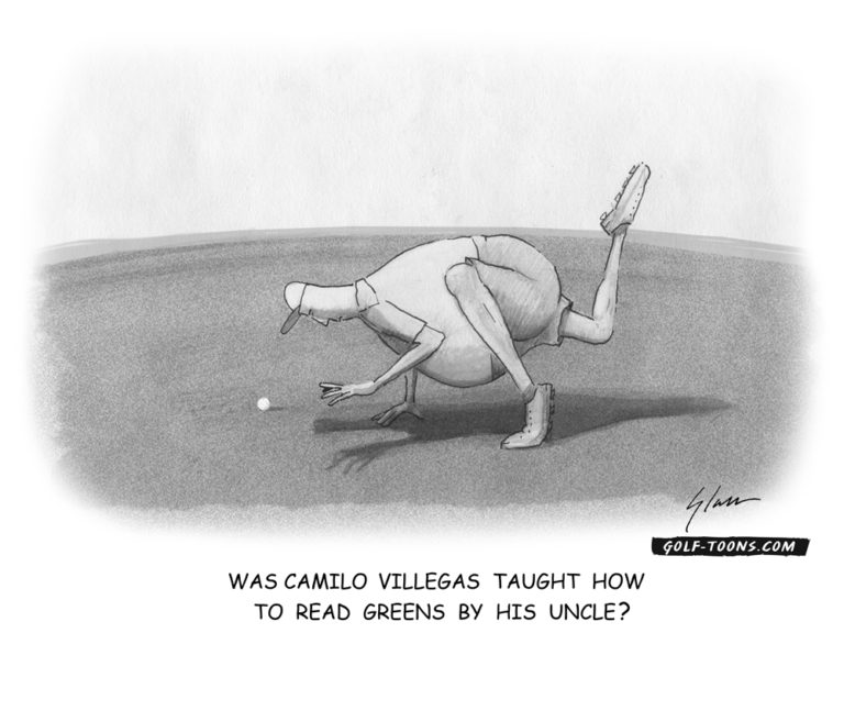 An original golf illustrated cartoon showing a man with a big belly looking at a golf ball on a putting green lining up his putt like Camilio Villegas style by Marty Glass of GolfToons