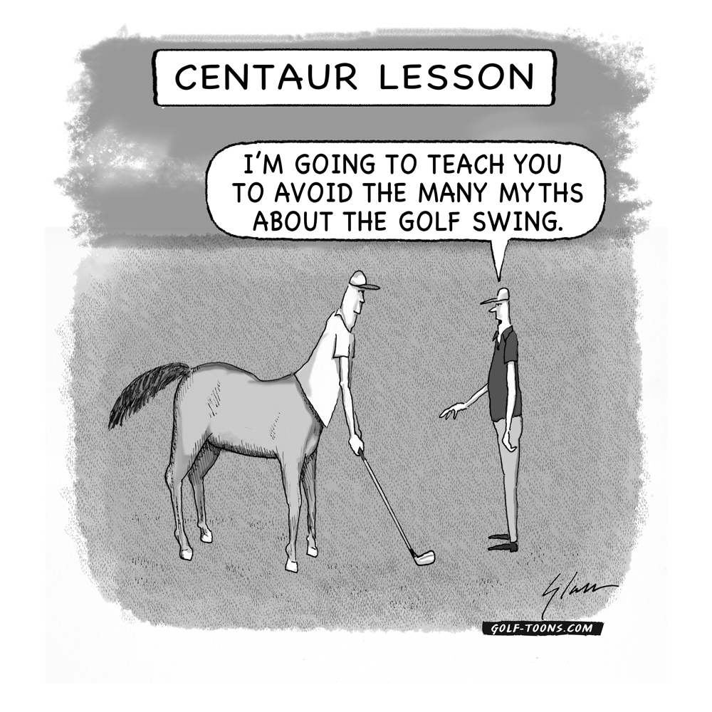 Centaur Golf Lesson shows a centaur and a PGA certified instructor giving a golf lesson, an original golf cartoon by Marty Glass of GolfToons.