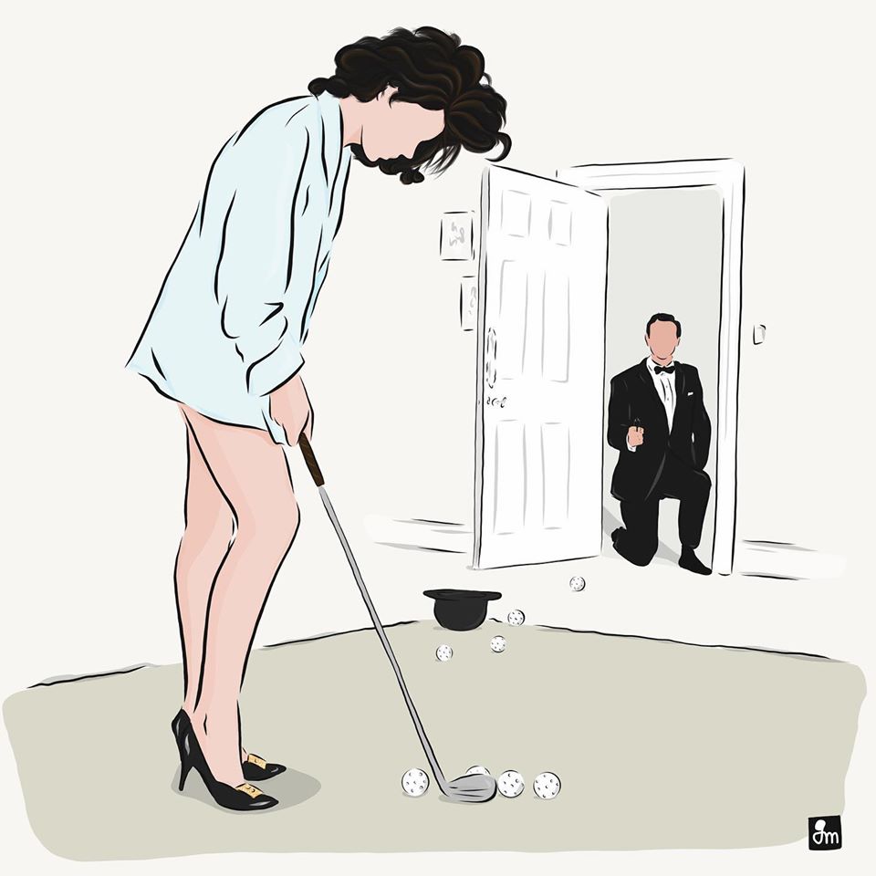 Illustration by Golfucos reproducing a scene from James Bond Dr. No with a woman putting and Bond crouching with a gun.