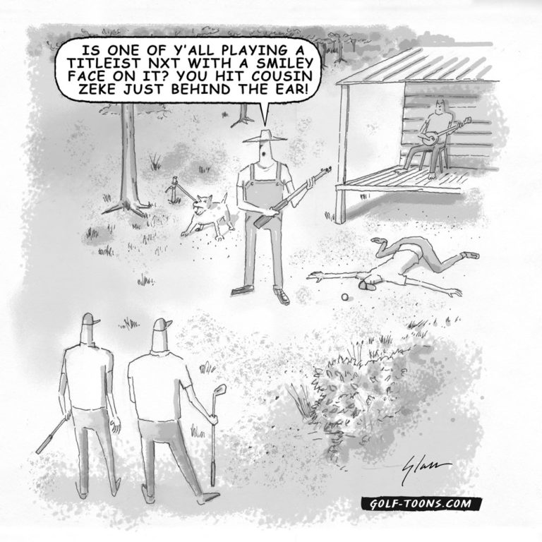 A man with a gun defending his property when golfers are looking for their balls out of bounds, an original golf cartoon by Marty Glass of GolfToons