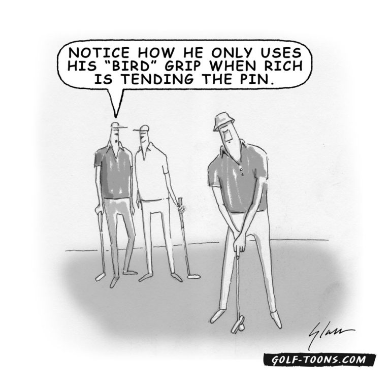 A golfer putting while making a vulgar statement with his unique golf grip, the bird grip, an original golf cartoon by Marty Glass of GolfToons.