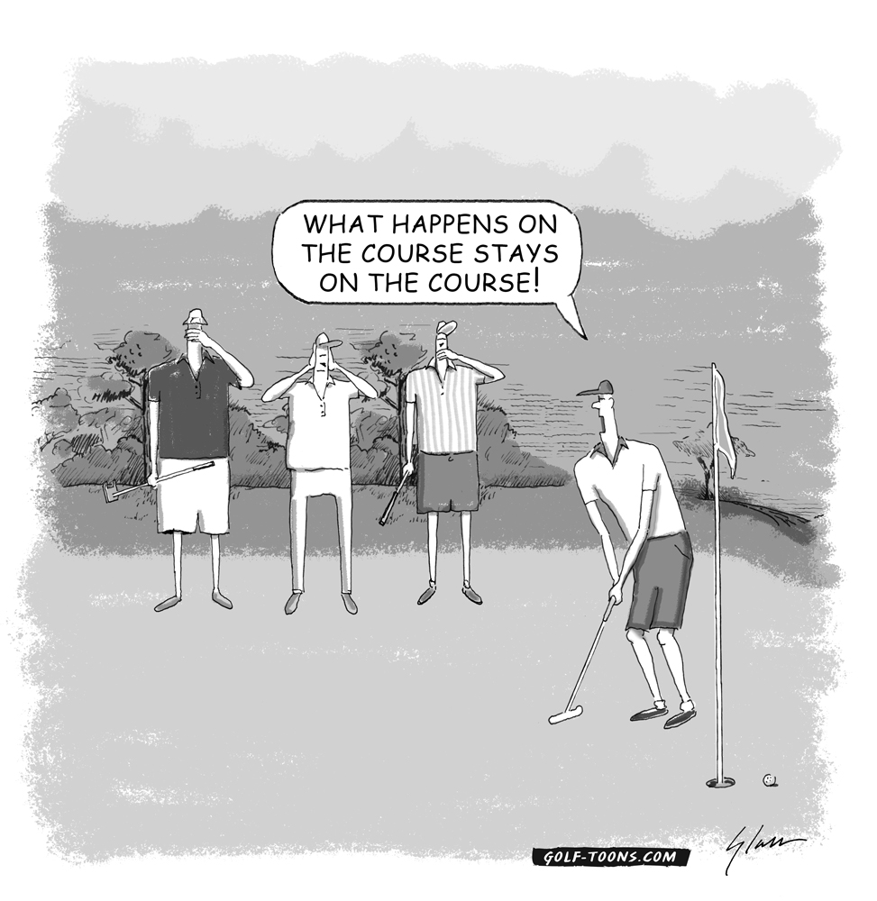 A golfer putting, with his golf buddies covering their mouth, eyes and ears, as Three Monkeys, an original golf cartoon by marty Glass of GolfToons.