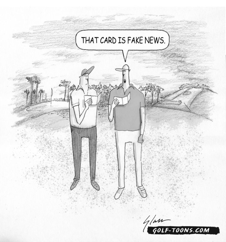 Fake News GolfToons 79 shows two golfers looking at a score card and one claiming Fake News, an original golf cartoon by Marty Glass of GolfToons.