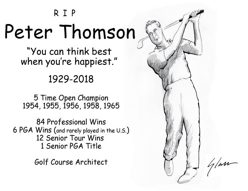 Tombstone of RIP Peter Thomson Golfer with credentials and original golf illustration by Marty Glass of GolfToons
