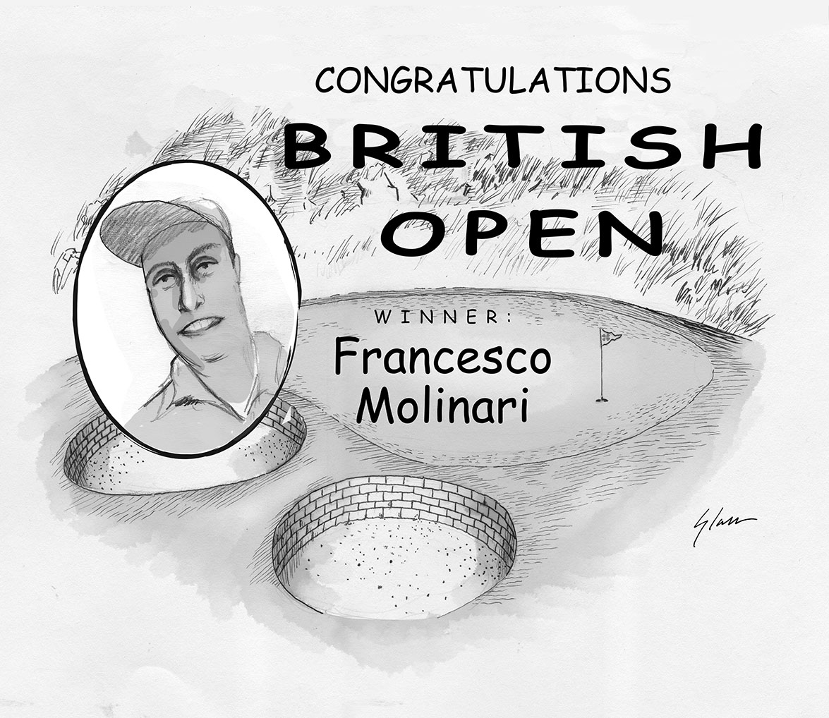 Francesco Molinari British Open declares the Champion Golfer of the Year with an original golf illustration by Marty Glass of GolfToons.