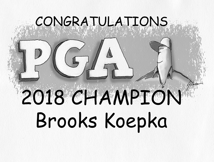 Brooks Koepka PGA Championship wins at Bellerive Country Club an original golf illustration by Marty Glass of GolfToons.