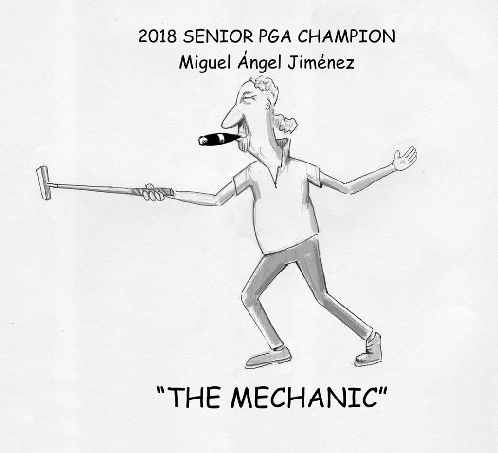Miguel Angel Jimenez Senior British Open, The Mechanic wins at the Old Course at St. Andrews a golf illustration by Marty Glass of GolfToons.