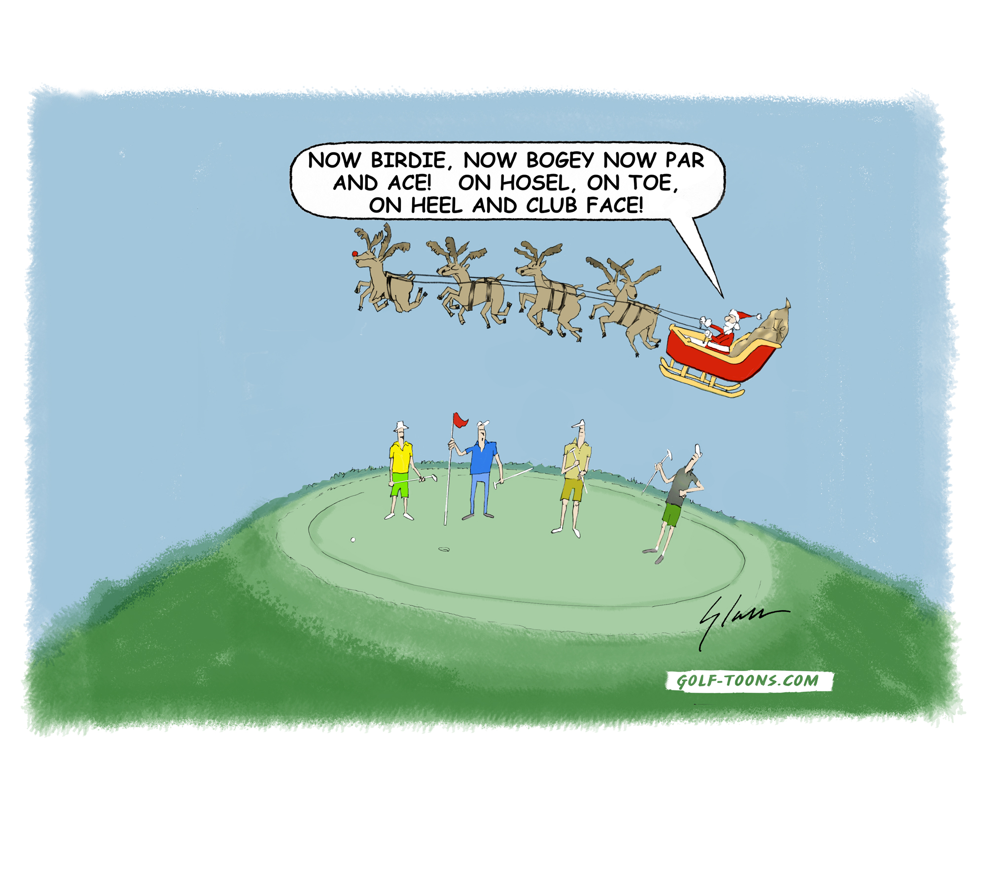 Santa on a sleigh over golfers on a putting green