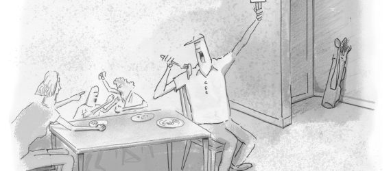 Quiet Please, a man at his dining room table with kids fighting and his wife pointing a threatening finger, holds up a 'Quiet Please' sign, an original golf cartoon by Marty Glass of GolfToons