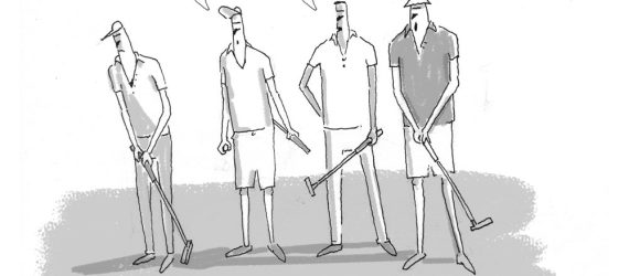 A foursome of golfers on the putting green with three golfers offering compliments to the dismay of the putter, an original golf cartoon by Marty Glass of GolfToons