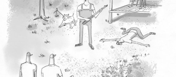A man with a gun defending his property when golfers are looking for their balls out of bounds, an original golf cartoon by Marty Glass of GolfToons