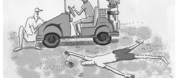 A golfer has been struck by a golf ball while his golf buddy records the scores Fore, an original Golf Cartoon by Marty Glass.