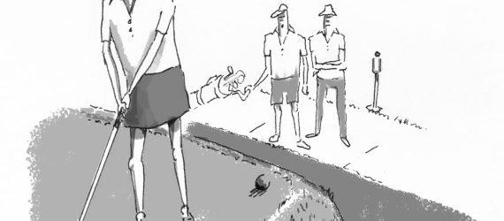 Gender Bender is an original golf cartoon by Marty Glass of Golftoons showing a man wearing a golf skirt and teeing off from the Ladies Tee.
