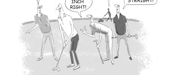 Golf Advice shows three golfers on a putting green offering golf advice to a golfer putting, an original golf cartoon by Marty Glass of GolfToons