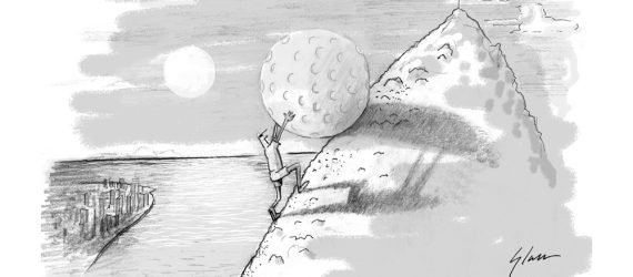 A Man pushing a huge golf ball up a hill like sisyphus in the Camus fable depicting the eternal struggle of golf. Original golf cartoon illustration by Marty Glass GolfToons