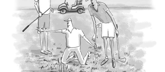 From Your Knees is an original golf cartoon by Marty Glass of GolfToons showing a new rule for dropping the golf ball from your knees, not from your knee.