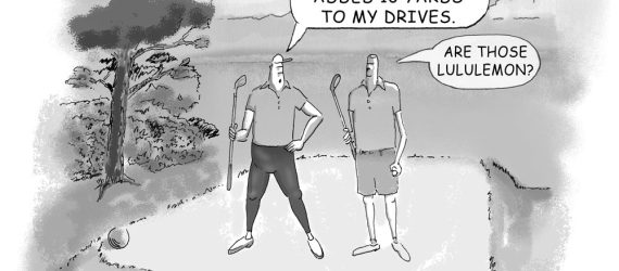 Yoga Golf Pants shows a golfer on the tee box wearing a pair of black yoga pants, an original golf cartoon by Marty Glass of GolfToons.
