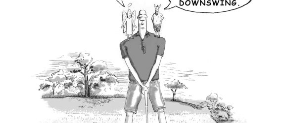 Golf Voices shows a golfer teeing off with multiple thought bubbles telling him what to think about, an original golf cartoon by Marty Glass of GolfToons.