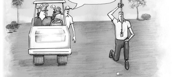 Golfer plumb bobbing from the fairway and partner in golf cart mocking him for being so far away. Original golf cartoon illustration by Marty Glass GolfToons