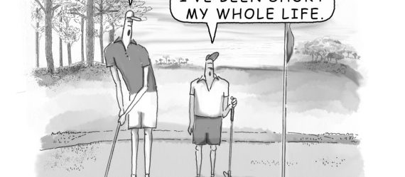 Short All Day shows a golfer complaining about not putting his golf ball hard enough and leaving it short, depicted in an original golf cartoon illustration by Marty Glass of GolfToons.