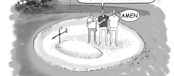 Three golfers burying someone on what looks like a putting green, with the memorial words in the name of the father, the son and Hogan's Ghost illustrated by Marty Glass of GolfToons.