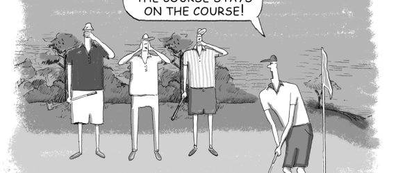 A golfer putting, with his golf buddies covering their mouth, eyes and ears, as Three Monkeys, an original golf cartoon by marty Glass of GolfToons.