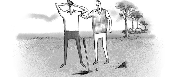 Fat Shot is an original Golf Cartoon by Marty Glass of GolfToons showing a golfer with a huge divot in front of him due to a Fat Shot, golf's funniest shot to watch.