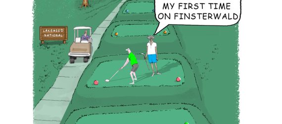 Multi-Tees is an original golf illustration in color by Marty Glass of GolfToons showing multiple tee box options for Golfers to hit from.