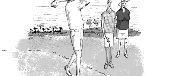 Hold the Pose shows a golfer admiring his drive for too long and his golf buddies complaining in this original golf cartoon illustration by Marty Glass of GolfToons.