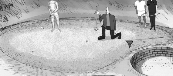 Koepkas Loss is an original golf cartoon by Marty Glass of GolfToons showing dracula, a mummy and frankenstein on the putting green