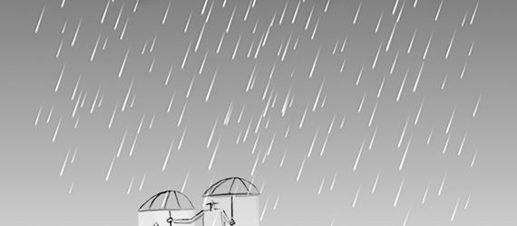 Serious Golfers - GolfToons 6 is an original illustration of 2 golfers on a putting green and under a dark cloud with big rain drops falling with one of the golfers holding an umbrella over the other while he putts. By Marty Glass of GolfToons.