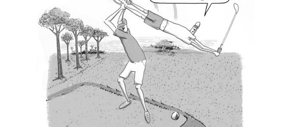 a golfer holding another golfer by the legs swinging him in tandem with the headline, Nik Wallenda Two-Man Invitational, an original golf cartoon by Marty Glass of GolfToons