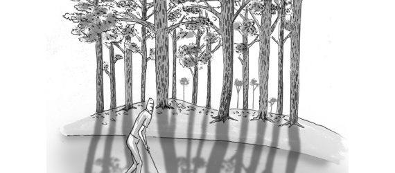 Shadwoy putting shows tall trees casting shadows across a putting green, an original golf cartoon by Marty Glass of GolfToons